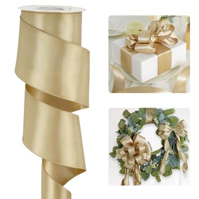 HUIHUANG Champagne Satin Wired Ribbon 2.5 inch Champagne Gold Wire Edge Ribbon for Wreaths, Garland, Bows, Gift Wrapping, Wedding Decorations, Home Decor, Christmas Tree-Continous 10 Yards