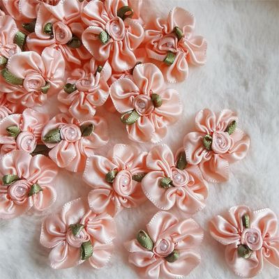 50pcs Orange Pink Satin Ribbon Flower Bows 1.18 inch Pearl Rose Flower Sewing Craft Ornament Decor DIY Craft Wreath Present Wrapping Decoration