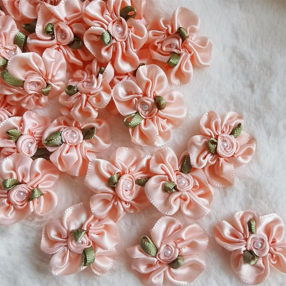 50pcs Orange Pink Satin Ribbon Flower Bows 1.18 inch Pearl Rose Flower Sewing Craft Ornament Decor DIY Craft Wreath Present Wrapping Decoration