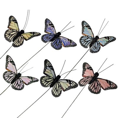 YCHTEWY-Feather Butterfly for Craft Decoration Set of 12 with Wire 6 Color Wedding Home Flower Home Decor Floral