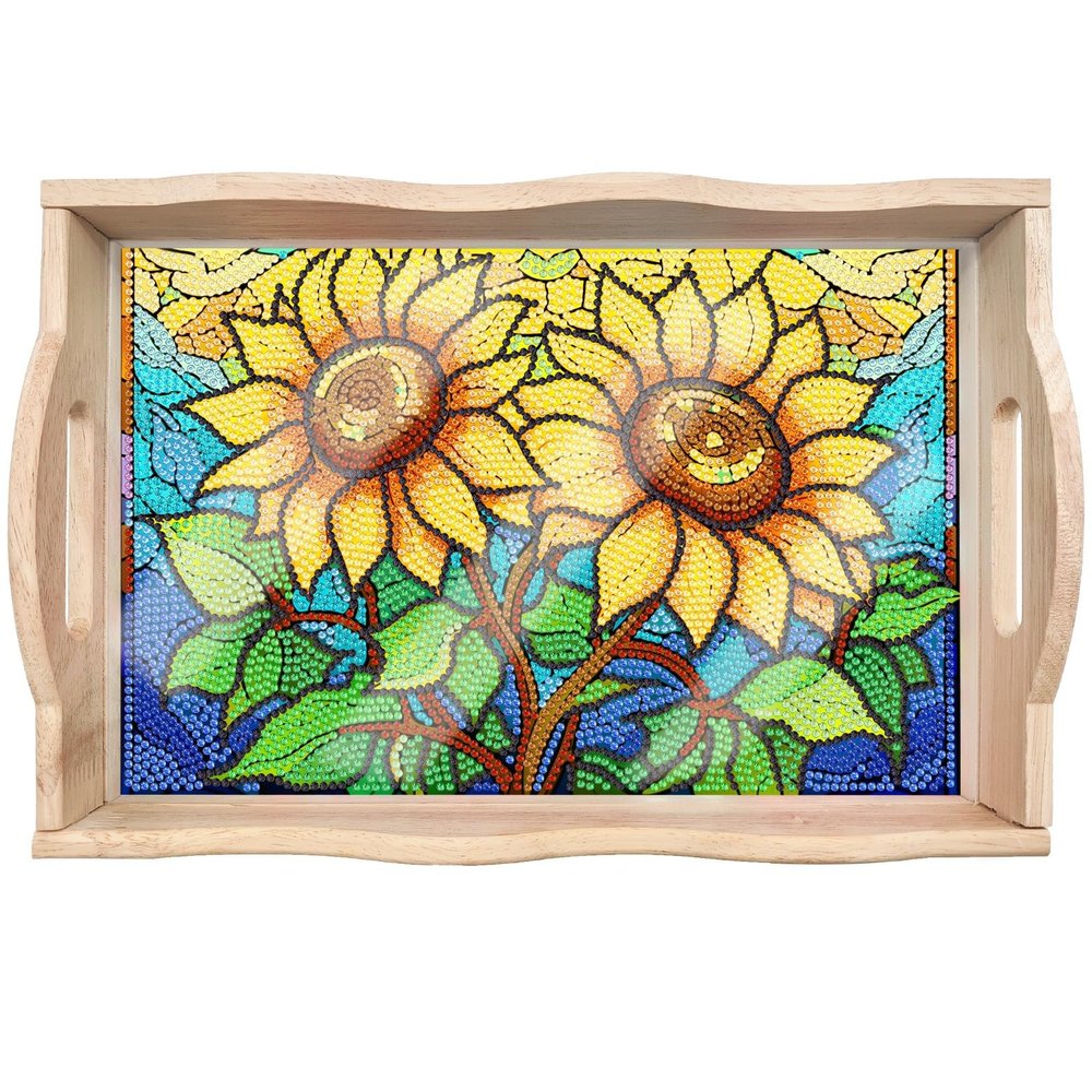 DIY Diamond Art Wooden Tray Kit, Food Tray with Handle Diamond Painted Table Decoration Tray, for Breakfast, Bar Dinner Table Diamond Dots Gem Painting Art Set for Beginners (#01-Sunflower)