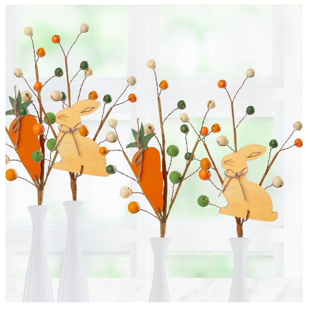 Factory Direct Craft Wooden Carrot and Bunny Picks with Berries Set of 4 - for Easter Decorating and Spring Arrangements (13 Inches High)