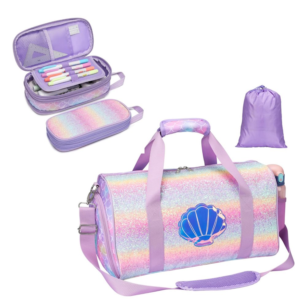 Bagseri Kids Pencil Case and Duffle Bag Bundle, Expandable Cute Pencil Case for Girls, Dance Bag with Shoes Compartment