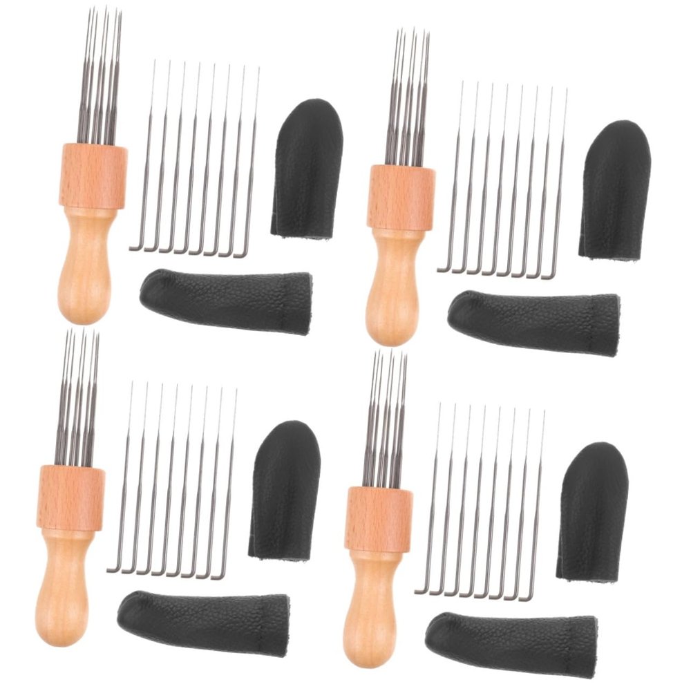 Lurrose 4sets Punch Needle Embroidery Kit Handle for DIY Crafting and Embroidery Projects for Beginners and Experienced Thimbles Included