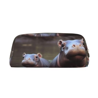 Dwrepo Baby Hippos Pencil Bag Portable Leather Pencil Case Travel Makeup Bag Large Capacity Toiletry Bag for Women