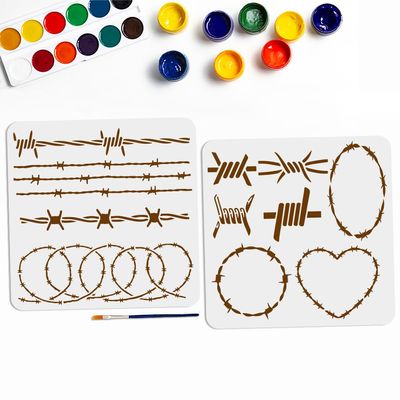 MAYJOYDIY 2pcs Iron Wire Stencil 11.811.8inch Barbed Wire DIY Stencils with Paint Brush Knotted Heart-Shaped Round Iron Wire Pattern Drawing Template for Craft Furniture Fabric Wall