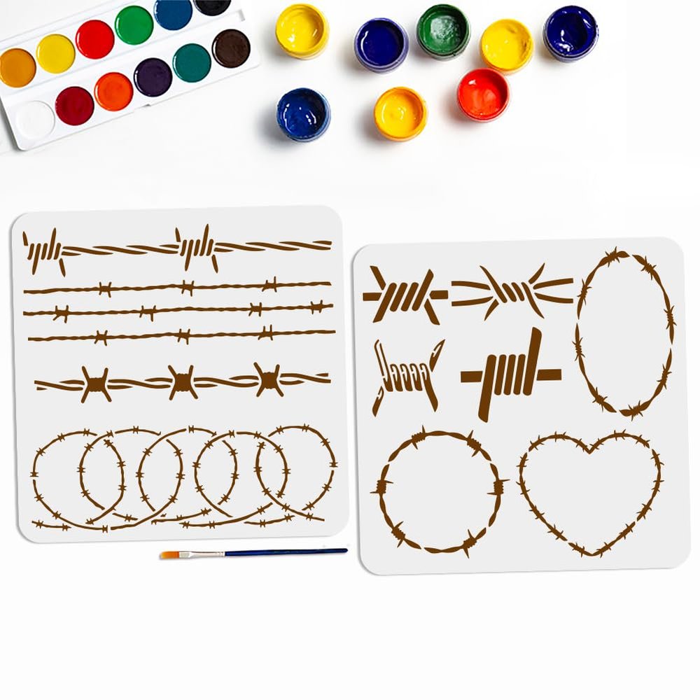 MAYJOYDIY 2pcs Iron Wire Stencil 11.811.8inch Barbed Wire DIY Stencils with Paint Brush Knotted Heart-Shaped Round Iron Wire Pattern Drawing Template for Craft Furniture Fabric Wall
