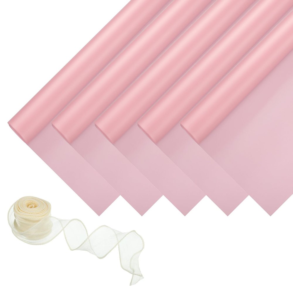 PATIKIL 20 Sheets Flower Wrapping Paper, 22x22 Inch Korean Style Floral Bouquet Craft Packaging Waterproof Paper with Ribbons for Flowers Gift Packaging, Honey Pink