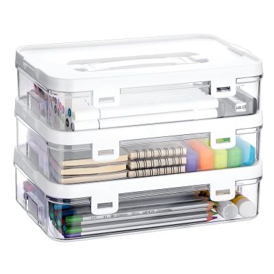 BTSKY 3 Pack Clear Plastic Storage Box with Handle & Flap Lid, Portable Craft Organizers and Storage Box Art Supply Storage Organizer Multipurpose Plastic Sewing Box for Beads Pencils Sticky Notes