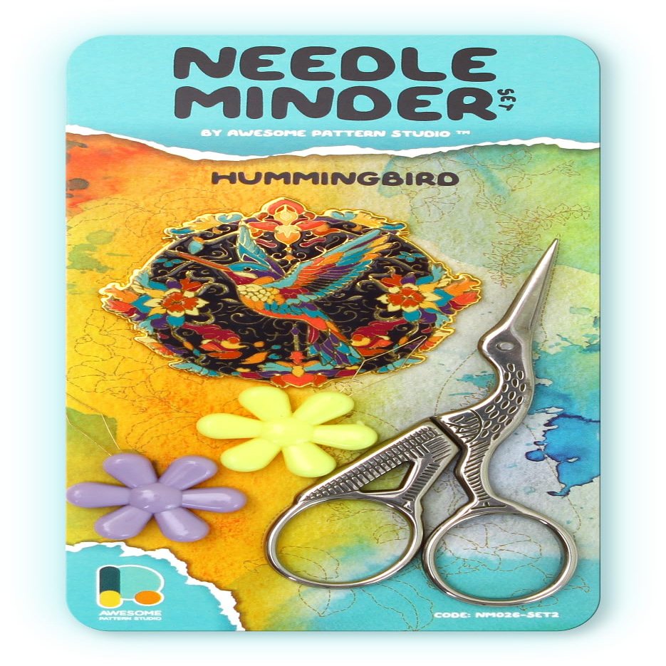 Awesome Pattern Studio Needle Minder Set Hummingbird Magnetic Needle Minder + 2 Needle Threaders + Crane Scissors. Enamel Pin for Cross Stitch, Embroidery and Craft