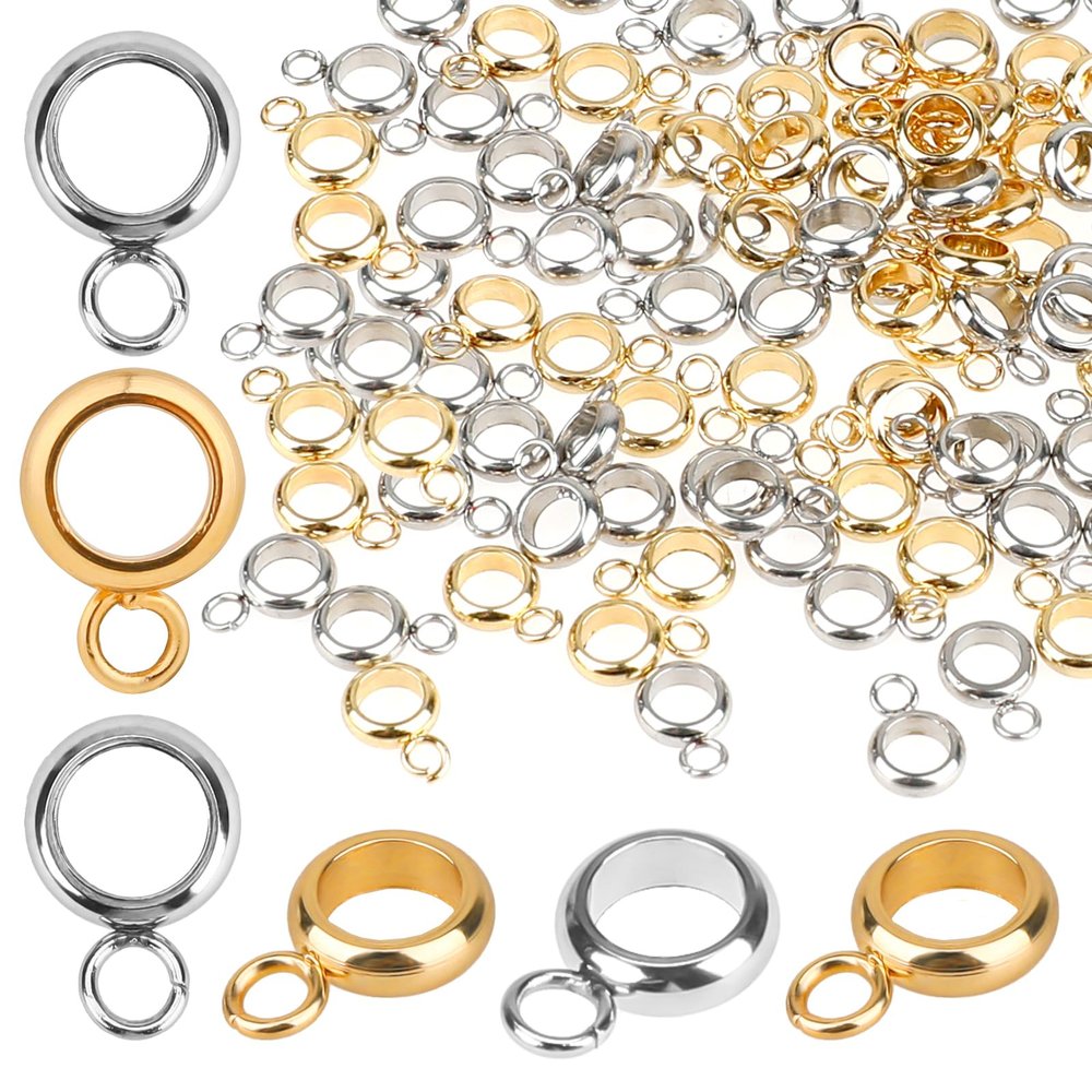 100 Pcs Bail Beads Bail Tube Beads Gold Silver Connector Stainless Steel Tube Charm Column Spacer Beads Hanger Dangle Connector Links for Pendant Jewelry Making Bracelet Necklace Craft Accessories