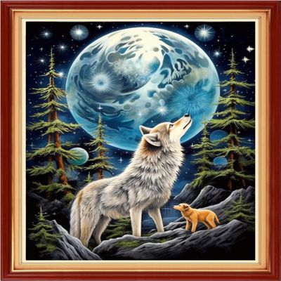 DMCVIVR Stamped Cross Stitch Kits for Adults Beginners Embroidery Kits 11CT Needlepoint Kits Cross Stitch Patterns Embroidery Patterns-Wolf Moon 16x20 inch, Handicrafts 30