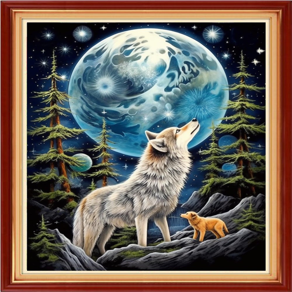 DMCVIVR Stamped Cross Stitch Kits for Adults Beginners Embroidery Kits 11CT Needlepoint Kits Cross Stitch Patterns Embroidery Patterns-Wolf Moon 16x20 inch, Handicrafts 30
