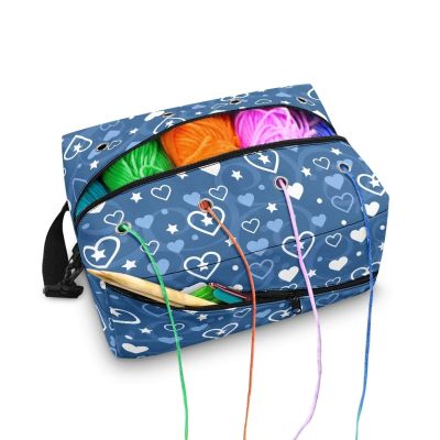 Goronwyfloyd Blue Heart Pattern Crochet Storage Carrying Knitting Bag for Yarn Skeins, Crochet Hooks and Other Small Accessories Yarn Bag Travel