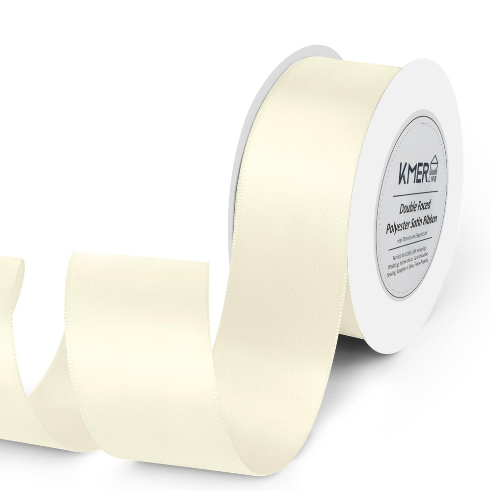 KMER LIFE 1-1/2 inch x 25 Yards Double Faced Polyester Ivory Satin Ribbon, Perfect for Gift Wrapping Very Suitable for Weddings Party Hair Bow Invitation Decorations and More
