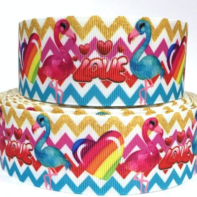 Grosgrain Ribbon 1.5" Valentine's Day Flamingo Love Hearts Flowers Printed Per Yard Printed Per Yard