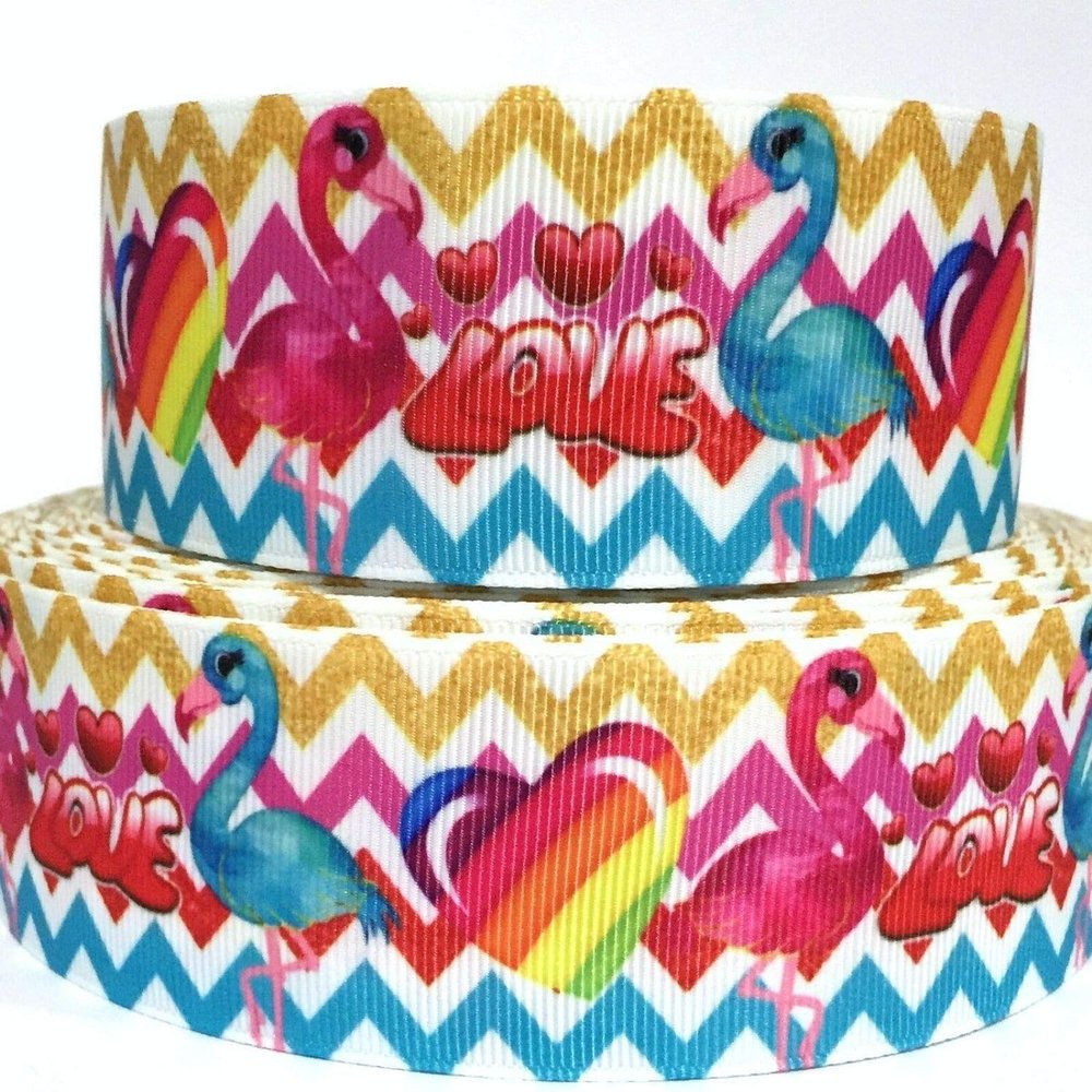 Grosgrain Ribbon 1.5" Valentine's Day Flamingo Love Hearts Flowers Printed Per Yard Printed Per Yard