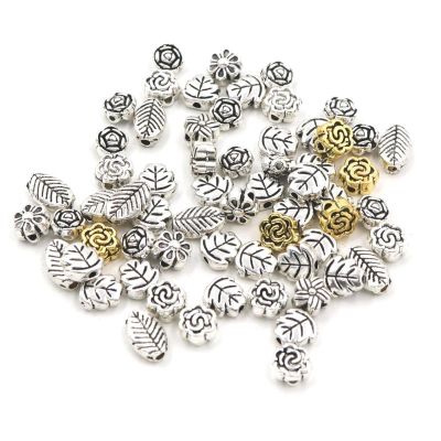 FOSANGPUSHI Jewelry Making Charms,50Pcs Flower Leaf Tibetan Silver Color Loose Spacer Metal Beads for Jewelry Making Needlework Beadwork Accessories, Vintage