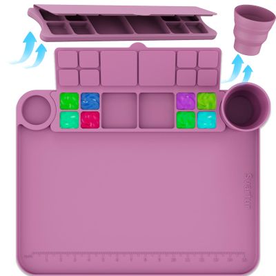 Svartur Silicone Painting Mat with Cup and Palette Detachable, 17"X13" Thick Silicone Craft Mat with Raised Edge for Artist, Painting Station Creator Mat, Purple