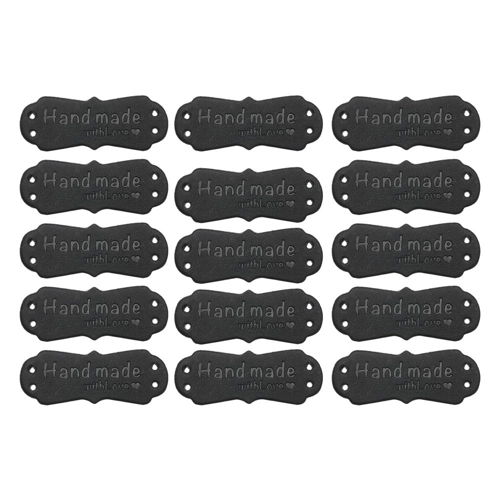 MECCANIXITY 50pcs Handmade PU Leather Label with Love Sew on Embossed Tag Embellishment 1.57"L for Jeans Bags Shoes Hat Black