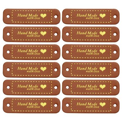 MECCANIXITY 50pcs Handmade PU Leather Label Sew on Embossed Tag Embellishment 2.17"L for Jeans Bags Shoes Hat Brown Gold
