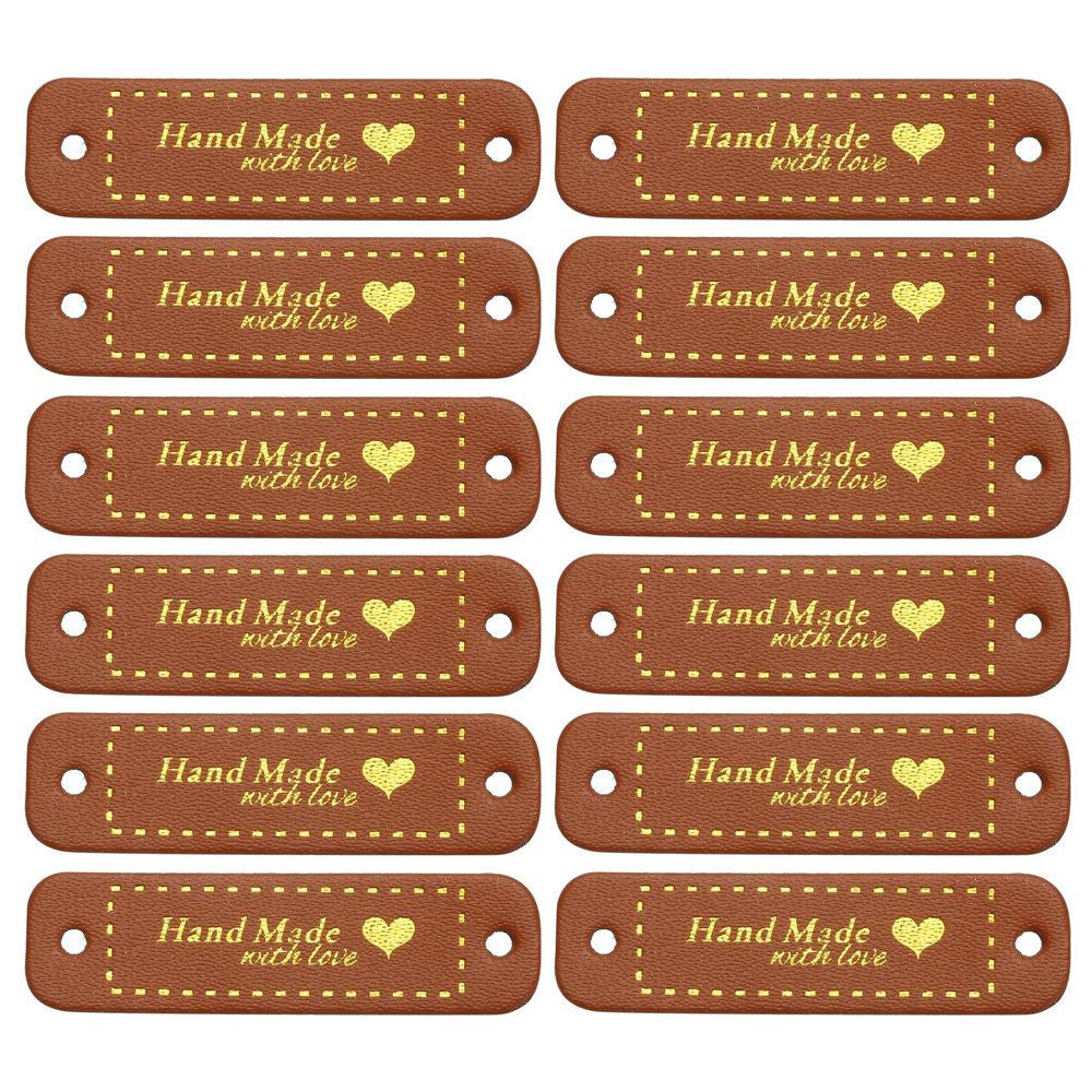 MECCANIXITY 50pcs Handmade PU Leather Label Sew on Embossed Tag Embellishment 2.17"L for Jeans Bags Shoes Hat Brown Gold