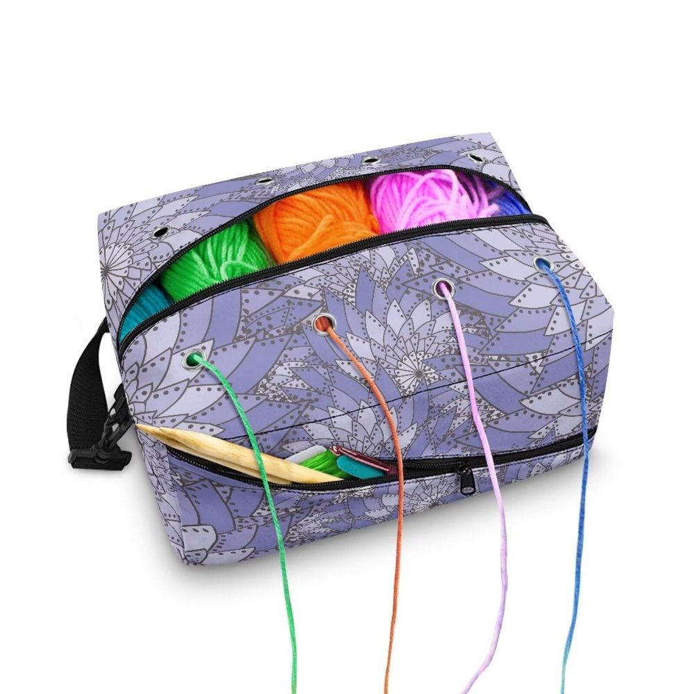 Goronwyfloyd Purple Flower Crochet Storage Carrying Knitting Bag for Yarn Skeins, Crochet Hooks and Other Small Accessories Keep Tidy and Clean