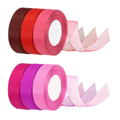 PATIKIL 1 Inch x 50 Yard Organza Ribbon, 6 Pcs Gift Wrapping Ribbon for Bouquet Cake Invitations Card Decoration Home Party Decoration, Pink/Red/Burgundy/Purple/Bright Red/Rose