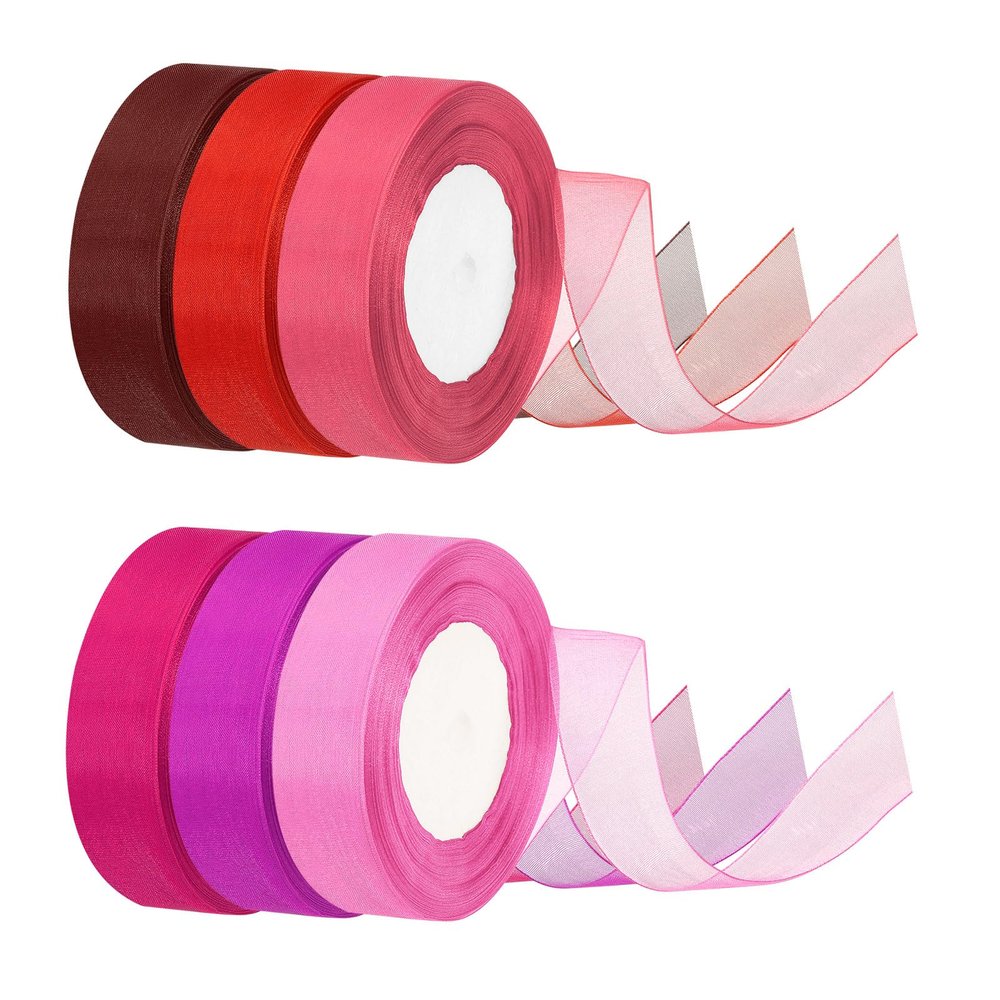 PATIKIL 1 Inch x 50 Yard Organza Ribbon, 6 Pcs Gift Wrapping Ribbon for Bouquet Cake Invitations Card Decoration Home Party Decoration, Pink/Red/Burgundy/Purple/Bright Red/Rose
