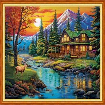 Joyhoor Cross Stitch Kits for Beginners Stamped Cross-Stitch Supplies Needlework preprint Embroidery Kits for Adults DIY Needlepoint Kits Embroidery Patterns 11CT-Charming Cabin Scenery 16x20 inchs