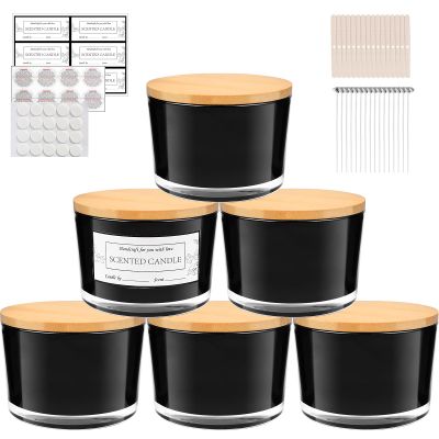 CONNOO 6-Pack 16 oz Black Candle Jars - 3-Wick Empty Glass Wide Mouth Candle Jars Come with Bamboo Lids, Sticky Warning Labels, and a Candle Wick Kit for Candle Making - Dishwasher Safe