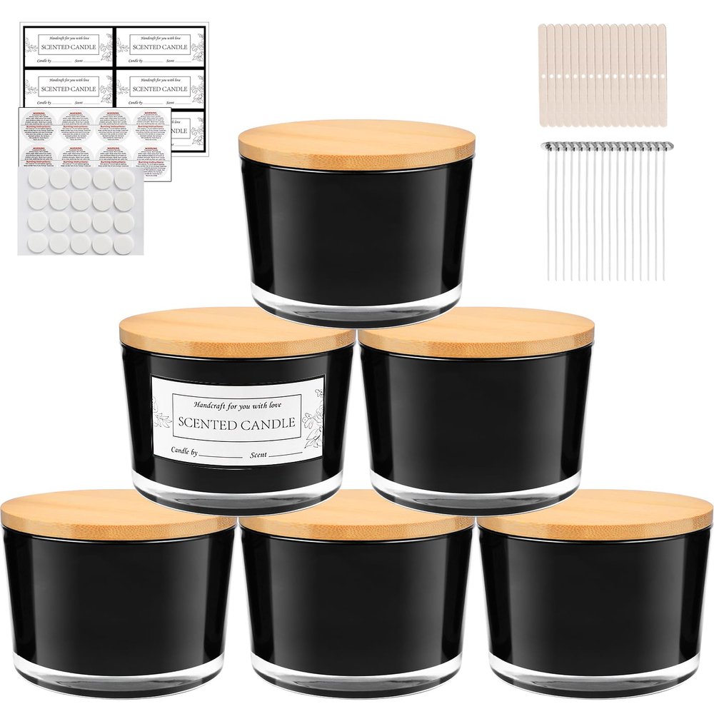 CONNOO 6-Pack 16 oz Black Candle Jars - 3-Wick Empty Glass Wide Mouth Candle Jars Come with Bamboo Lids, Sticky Warning Labels, and a Candle Wick Kit for Candle Making - Dishwasher Safe