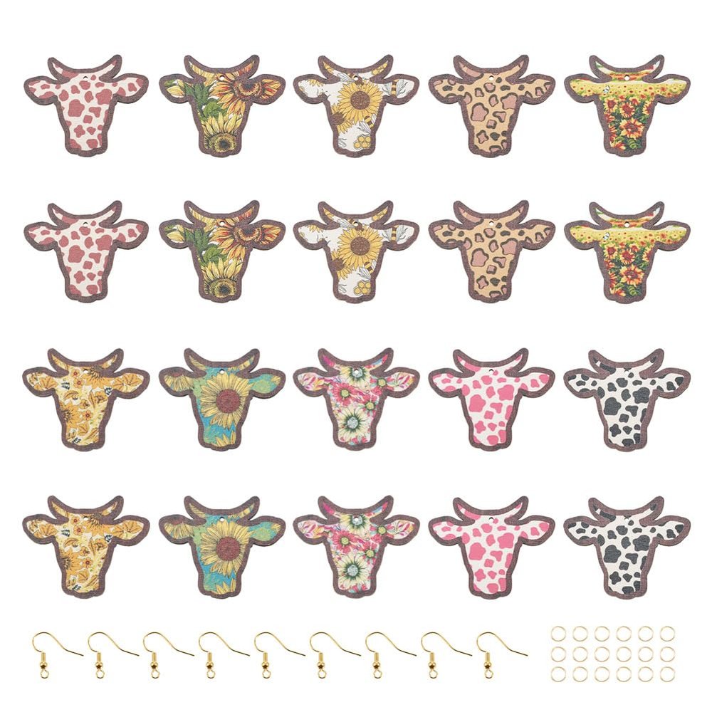KISSITTY 140Pcs DIY Cow Cattle Earring Making Kit Printed Cattle Cow Head Shape Wooden Pendants Boho Pendants with Brass Jump Ring and Earring Hooks for Crafts DIY Jewelry Making Supplies