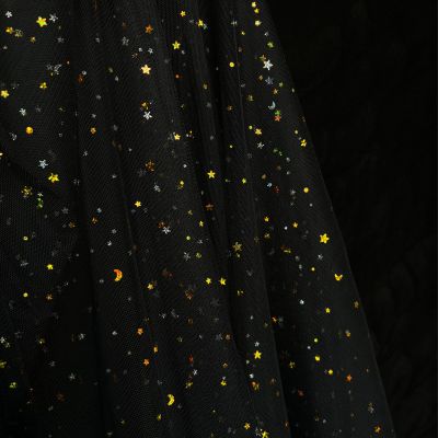 Black Glitter Tulle Fabric Rolls 63 inch by 5 Yards Gold Star Moon Sequin Tulle Netting Fabric for Tutu Skirt Sewing DIY Crafts Wedding Birthday Baby Shower