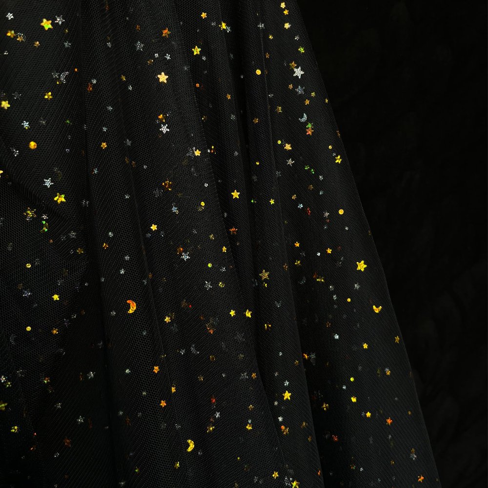 Black Glitter Tulle Fabric Rolls 63 inch by 5 Yards Gold Star Moon Sequin Tulle Netting Fabric for Tutu Skirt Sewing DIY Crafts Wedding Birthday Baby Shower