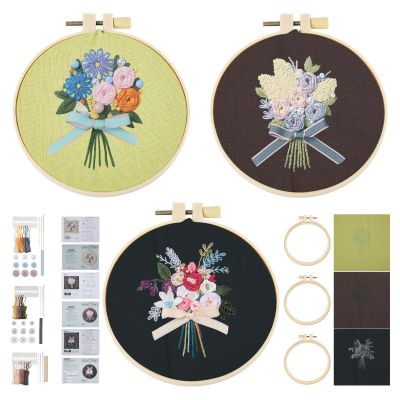 Spritewelry 3 Sets Embroidery Start Kit for Beginners Stamped Cross Stitch Sets with Pattern and Instructions with Embroidery Hoops Threads Needle Wire for Adults Kids DIY Crafts