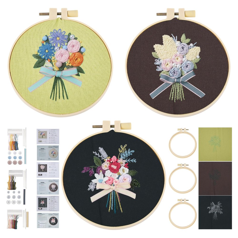 Spritewelry 3 Sets Embroidery Start Kit for Beginners Stamped Cross Stitch Sets with Pattern and Instructions with Embroidery Hoops Threads Needle Wire for Adults Kids DIY Crafts