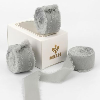 MEEDEE Silver Chiffon Ribbon 1 Inch Frayed Ribbons Gray Chiffon Silk Grey Fringe Ribbon Thin Chiffon Ribbons for Crafts, Gift Wrapping, Wedding Invitation (3 Rolls 21 Yards)