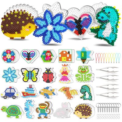 FUNZBO 20 pcs Pegboards for 5mm Fuse Beads Project- Animal Shape Pegboards for Arts and Crafts with Keychains, Hang Ropes and Tweezers, Gifts for Boys and Girls (Beads Not Included)
