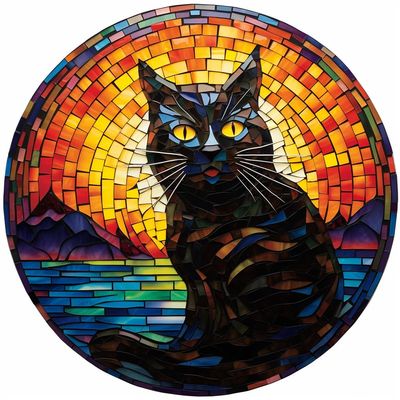 DIY Stamped Cross Stitch Kits Stained Glass Night Black Cat Moon Circle Shape Beginners Easy 11CT Needlepoint Embroidery Counted Cross Stitch Kits Art Craft Wall Decor 40x40cm(4)