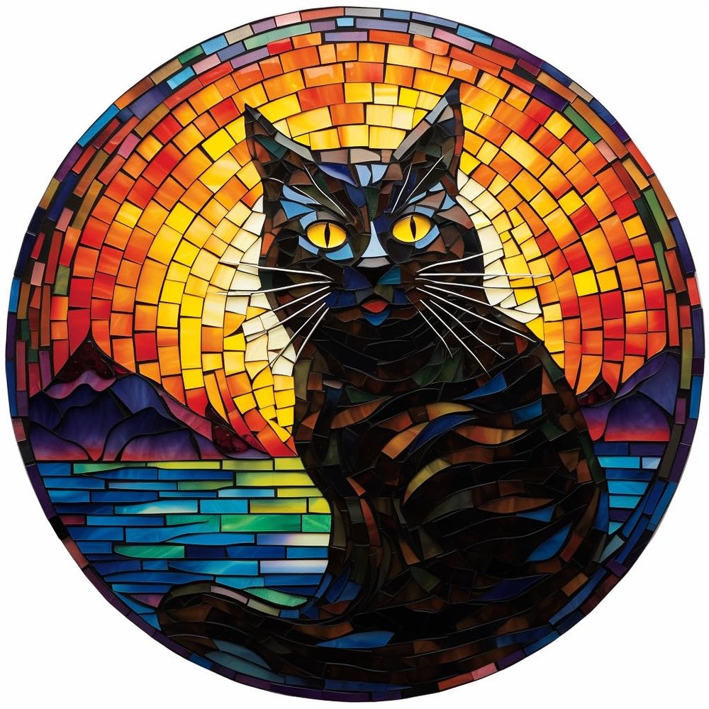 DIY Stamped Cross Stitch Kits Stained Glass Night Black Cat Moon Circle Shape Beginners Easy 11CT Needlepoint Embroidery Counted Cross Stitch Kits Art Craft Wall Decor 40x40cm(4)