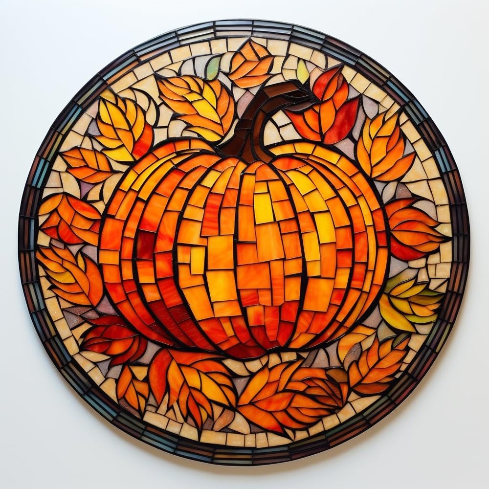 DIY Stamped Cross Stitch Kits Stained Glass Circle Shape Autumn Pumpkin 11CT Needlepoint Embroidery Counted Cross Stitch Kits Art Craft Wall Decor 50x50cm(11)