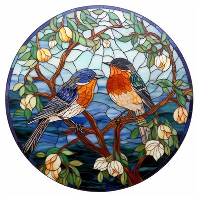 DIY Stamped Cross Stitch Kits Stained Glass Circle Shape Robins Bird on Tree 11CT Needlepoint Embroidery Counted Cross Stitch Kits Art Craft Wall Decor 50x50cm(2)