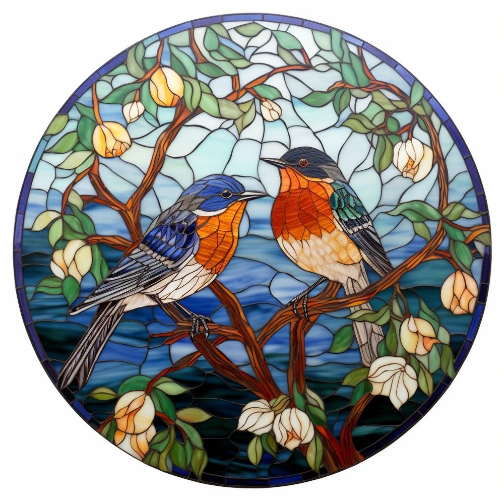 DIY Stamped Cross Stitch Kits Stained Glass Circle Shape Robins Bird on Tree 11CT Needlepoint Embroidery Counted Cross Stitch Kits Art Craft Wall Decor 50x50cm(2)