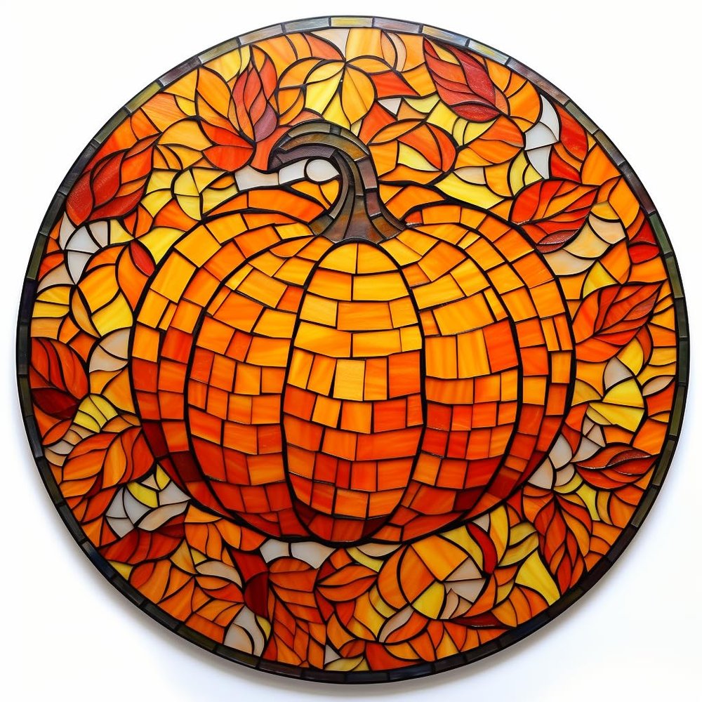 DIY Stamped Cross Stitch Kits Stained Glass Circle Shape Autumn Pumpkin 11CT Needlepoint Embroidery Counted Cross Stitch Kits Art Craft Wall Decor 50x50cm(6)