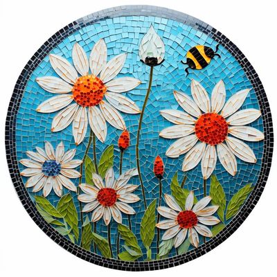 DIY Stamped Cross Stitch Kits Stained Glass Circle Shape Ladybugs and Daisy 11CT Needlepoint Embroidery Counted Cross Stitch Kits Art Craft Wall Decor 50x50cm(2)