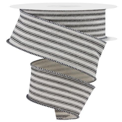 2.5" x 10yd Ticking Stripe On Cotton Polyester Blend Wired Edge Ribbon, Black/Ivory