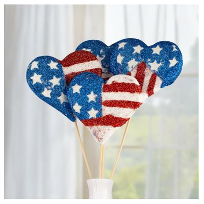 Factory Direct Craft Glitter Stars and Stripes Heart Picks Set of 4 - Red White and Blue Hearts for Patriotic Decorating and 4th of July Arrangements (3-1/2 Inches Wide)
