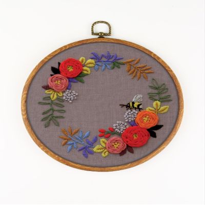 Bumblebee and Flowers EM001 - DIY Embroidery Kit. Set of Threads, Needles, Stamped Cloth, Needle Threader, Embroidery Clippers and Printed Color Pattern Inside.
