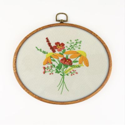 Wildflowers Bouquet EM193 - DIY Embroidery Kit. Set of Threads, Needles, Stamped Cloth, Needle Threader, Embroidery Clippers and Printed Color Pattern Inside.